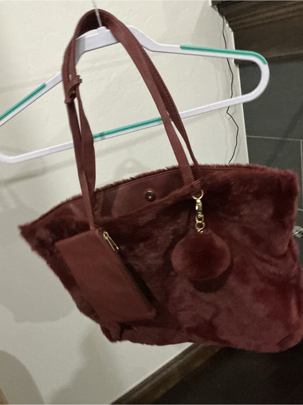 Plush Faux Fur Tote Bag with Pom Pom - Burgundy